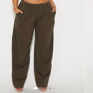 Olive green barrel pants with pleats